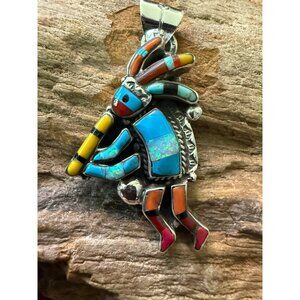 Zuni Kokopelli Inlay Pendant Sterling Silver & Gemstone Tribal Design 2"